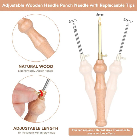 Punch Needle Kit For Beginners With Wooden Handle Tools showing ergonomic grip and replaceable tips.