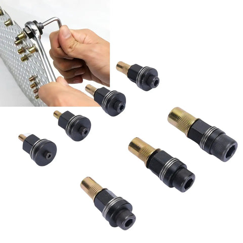 Pro Grade Rivet Nut Tool Set M3 To M12 with nuts and tool shown in use, made from carbon steel for drill and hand compatibility