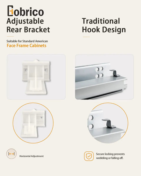 Gobrico Adjustable Rear Bracket for Face Frame Cabinets, features horizontal adjustment and traditional hook design.