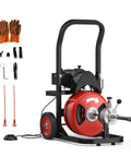 Portable Heavy Duty 75 Foot Electric Drain Auger With Auto Feed And Foot Control, red design with tools on side for pipe maintenance.