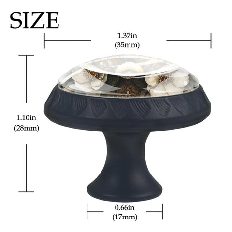 Close-up of Bee and Flowers Round Cabinet Knobs Set of Four 1.37 Inch Black Kitchen Cupboard Handles, glass and ABS, showing dimensions.