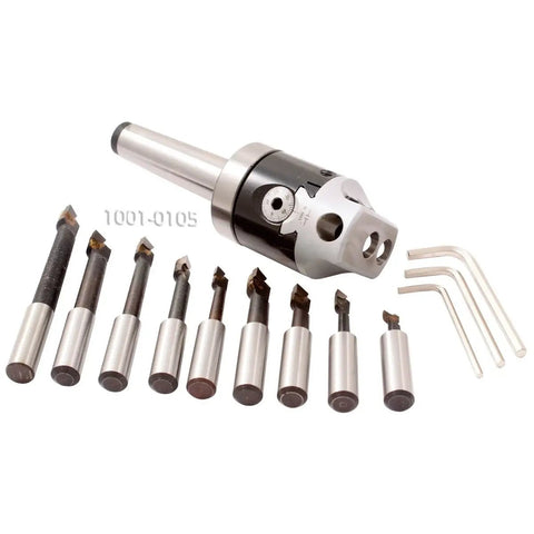 Three Piece Boring Tool Set With 2 Inch Head MT3 Shank And One Half Inch Boring Bar For Precise Hole Drilling Smooth Bar Holder And Rigid Low Vibration Machining Kit Built For Pro Grade Heavy Duty Shop Ready Use In CNC Lathe And Milling Work with 9-piece assortment shown