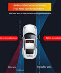 Image showing before and after installation of Badass Dual Wing Blind Spot Mirrors For Tesla Cybertruck 2023 with enhanced viewable area.