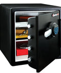 Fireproof And Waterproof Steel Home Safe With Keypad For Your Documents And Valuables, Floor Safe With Interior Lighting And Shelves, 1.23 Cu Ft, 17.8 X 16.3 X 19.3 Inches shown open with contents visible.