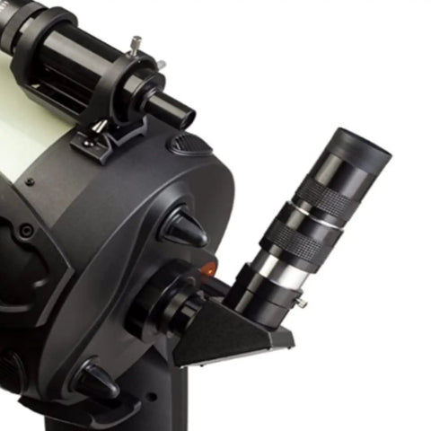 Side view of 0.965 Inch Telescope Accessory Kit with eyepieces and diagonal attached to pocket-sized refractor for beginners