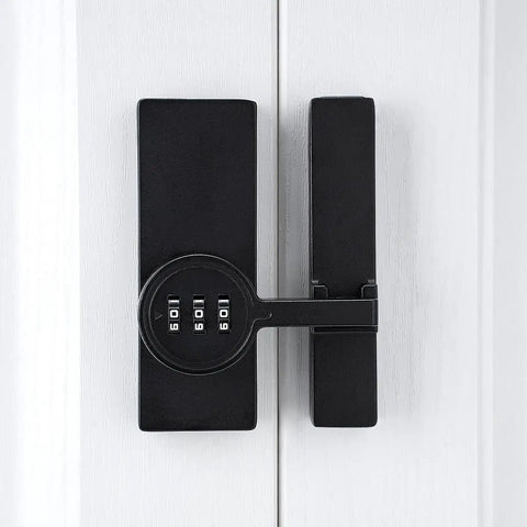 180 Degree Barn Door Lock With 3 Digit Keyless Password, Mechanical Lock, Flip Latch Combo, black finish on white door