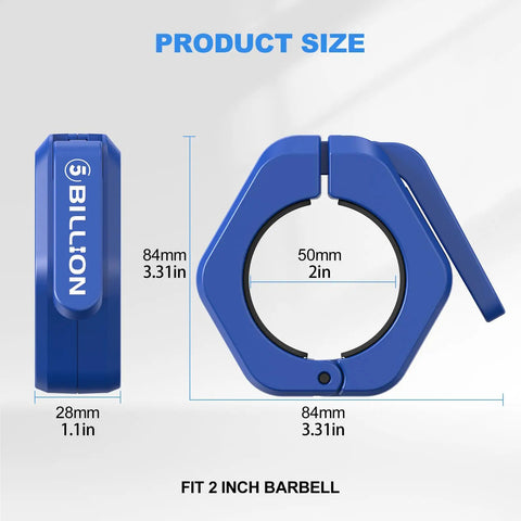 2 Inch Barbell Clamps Pair With No Slip TPR Lining Quick Release Barbell Clips For Secure Weightlifting, size dimensions shown