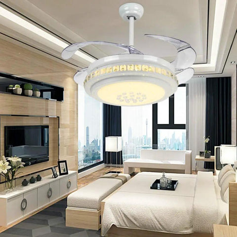 Cool 42 Inch Retractable Ceiling Fan With LED Light And Remote Control in a modern living room setting, invisible blades extended