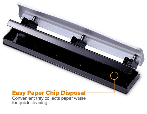 Close-up of Workhorse 3 Hole Punch For Office Use, Easy Clean Chip Tray, shows convenient paper chip disposal feature.