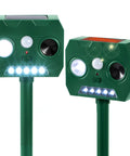 Outdoor Ultrasonic Animal Repellent 2 Pack With PIR Motion Sensor And LED Flash, green solar stakes, front view