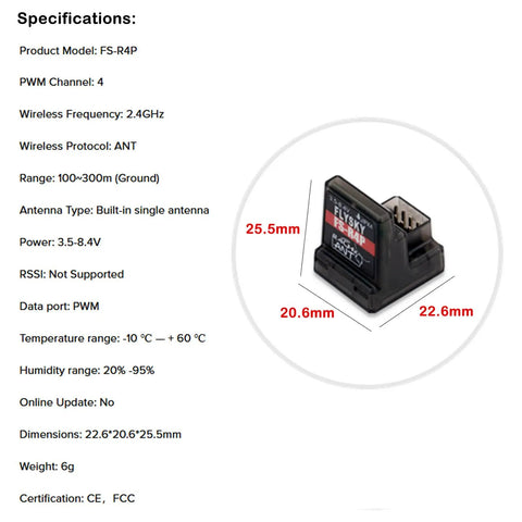 4 Channel 2.4GHz RC Receiver With Single Antenna, PWM Output, ANT Protocol, size dimensions and specs shown