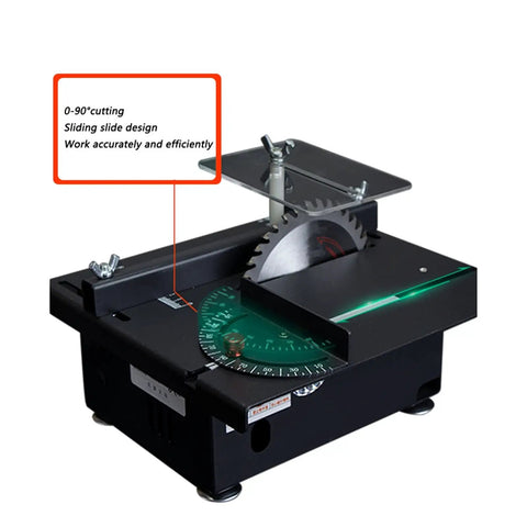 Heavy Duty Yet Portable Mini Table Saw With Plug In Power Supply For Steady Woodworking And Jade Polishing Slick Desktop Engraver Tool, showing cutting angle and sliding design.