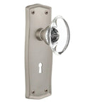 Prairie Plate Privacy Lockset With Keyhole And Lead Crystal Glass Knob Two And Three Quarters Inch Backset Satin Nickel Finish Solid Brass Door Hardware For Bathrooms And Bedrooms Perfect For That Retro Old School Restoration Vibe.