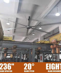 Heavy Duty Industrial Ceiling Fan 236 Inch HVLS Large Diameter Air Circulator with Eight Rugged Aluminum Blades in a warehouse setting.