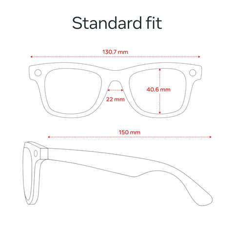 Dimensions diagram of Gen 2 Wayfarer Smart Glasses Matte Black With 3K HD Video And 12 MP Ultra Wide Camera 2X Battery Life AI Assistant.