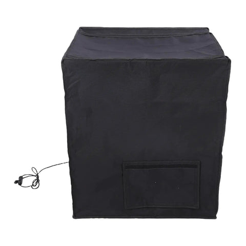 Front view of Fireproof 3D Printer Enclosure Kit With Temperature Control And LED Light, black cover, power cord visible.