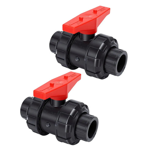Top Shelf UPVC Union Ball Valve With Double Socket Slip Design For 25mm Pipes, black with red handle, ideal for plumbing systems.