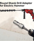 Round Shank Garden Auger Drill Adapter For SDS Plus And SDS Rotary Hammer Drills attached to electric hammer