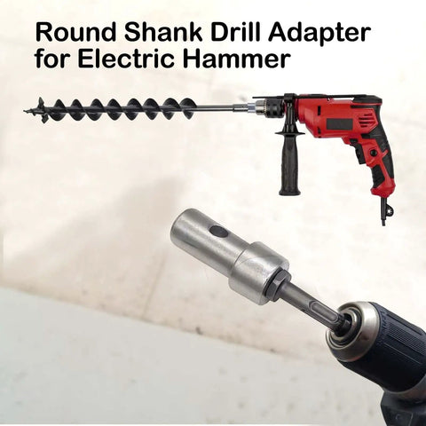 Round Shank Garden Auger Drill Adapter For SDS Plus And SDS Rotary Hammer Drills attached to electric hammer