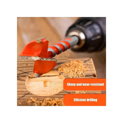 Extended Forstner Drill Bits 16 To 25mm Hex Shank drilling into wood, showing sharp carbide tip and smooth cutting edge.