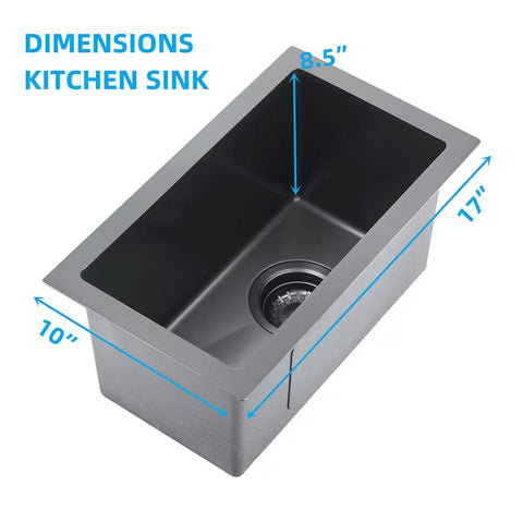 Stainless Steel Single Bowl Bar Sink Undermount Prep Sink With Strainer And Waste Basket For Small Spaces Black 10 By 17 By Eight And A Half Inches Durable Finish dimensions shown