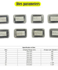 Heavy Duty Electric Hydraulic Hose Crimping Machine With Eight Precision Dies layout showing various die parameters for hydraulic applications.