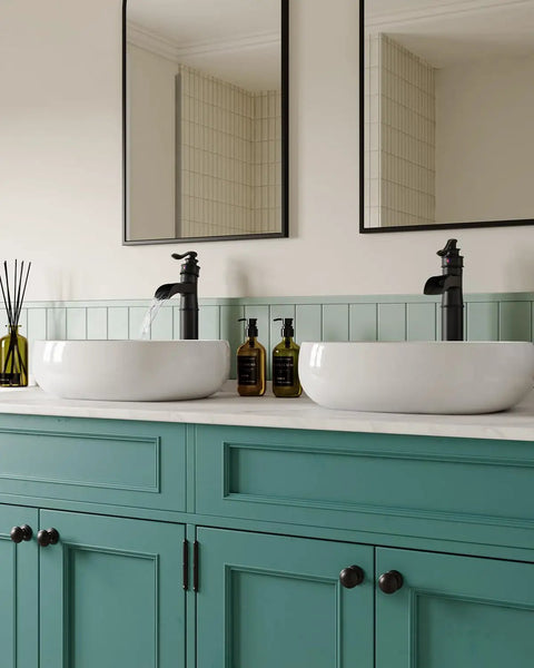 Double vanity with vessel sink faucet waterfall matte black with pop up drain without overflow and supply lines one handle mixer.