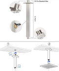 Installation diagram for massive 12 inch ceiling mount rain shower head in square design with brushed nickel finish.