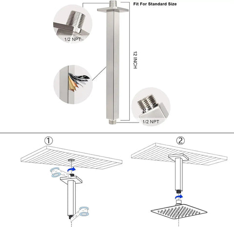 Installation diagram for massive 12 inch ceiling mount rain shower head in square design with brushed nickel finish.