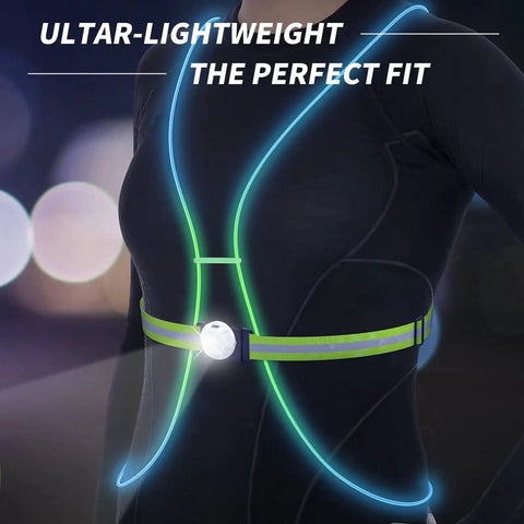 LED Reflective Running Vest With Front Light For Runners And Cyclists, night safety gear glowing on mannequin, close-up view
