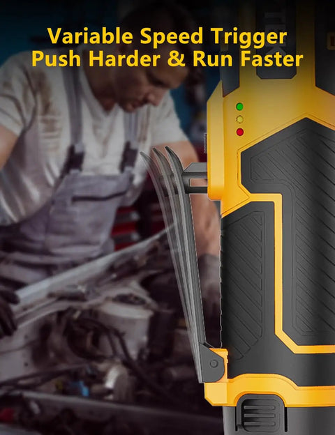 Extended Three Eighths Inch Cordless Ratchet Wrench 12V Power Tool showcasing variable speed trigger in use during automotive repair