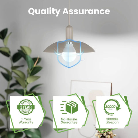 6 Pack Bright Ceiling Fan Light Bulbs 60W Equivalent LED E12 A15 Candelabra Base Non Dimmable Daylight 5000K 120V Long Lasting 30000 Plus Hours For Home Kitchen Dining, quality assurance badge with 3-year warranty and 30000-hour lifespan details in room with plants.