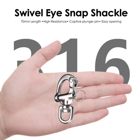 Hand holding Heavy Duty 316 Stainless Steel Snap Shackle With Quick Release Carabiner for Sailboat Rigging Halyard Swivel Shackle.