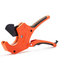 Ratcheting PVC Pipe Cutter For 2-1/2 Inch Tubing, heavy duty orange tool with easy grip handle and rust-resistant body, side view.