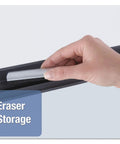 Close-up of hand placing eraser in storage slot on InView Custom Whiteboard 47 And A Half By 35 Inches Dry Erase Board With Half Inch Graphite Frame