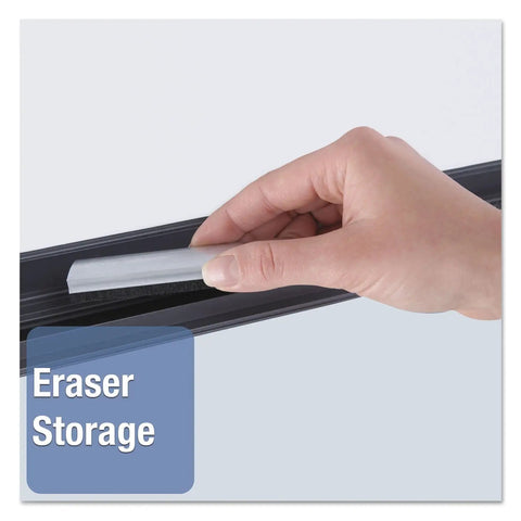 Close-up of hand placing eraser in storage slot on InView Custom Whiteboard 47 And A Half By 35 Inches Dry Erase Board With Half Inch Graphite Frame