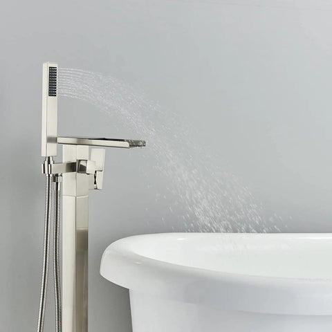 Top Notch Freestanding Bathtub Faucet Floor Mount Tub Filler With Waterfall High Flow Spout And Shower Mixer Faucet Brushed Nickel Brass