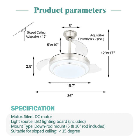 Retractable Ceiling Fan With Lights And Remote, 6 Speed DC Motor, Color Changing LED Lighting, Brushed Nickel Finish, Product Diagram