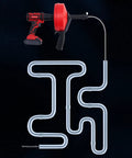 25 Foot Drain Auger Crafted from 65 Manganese Steel Cable With ABS Housing and drill attachment viewed from above.