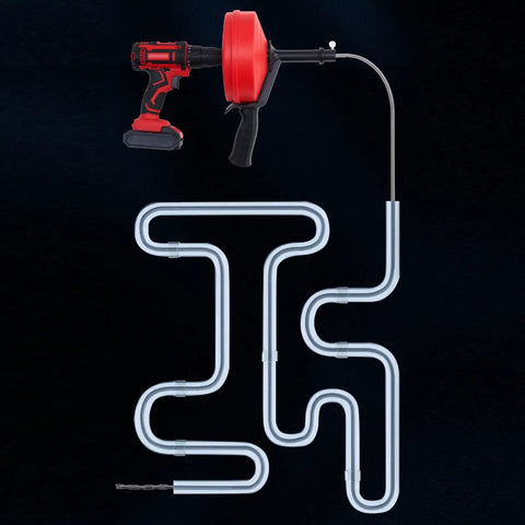 25 Foot Drain Auger Crafted from 65 Manganese Steel Cable With ABS Housing and drill attachment viewed from above.
