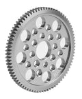 Close-up of 7075 Aluminum 48P Spur Gear 80T Upgrade for Sakura D3 CS SXI XIS in metal, showing precision-crafted teeth and holes