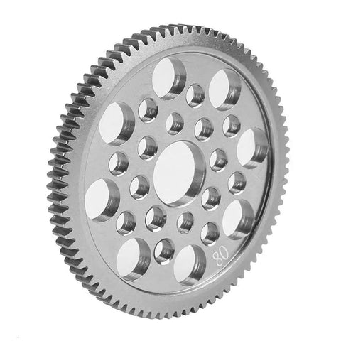 Close-up of 7075 Aluminum 48P Spur Gear 80T Upgrade for Sakura D3 CS SXI XIS in metal, showing precision-crafted teeth and holes