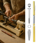 Pro Slimline Pen Kit Set For Wood Turning Ten Pack With Multiple Finishes 7mm Twist Pen Kit Includes Refills Perfect For Woodworking Hobbyists Classrooms And Clubs Lathe Ready DIY Projects shown with lathe and components