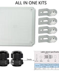 Rugged IP67 Waterproof ABS Junction Box With Hinged Clear Cover And Stainless Steel Latch, Includes 2 PG13.5 Cable Glands, Mounting Plate And Wall Bracket, Weatherproof Electrical Enclosure For Indoor Outdoor Use, all-in-one kit parts