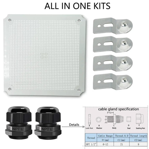 Rugged IP67 Waterproof ABS Junction Box With Hinged Clear Cover And Stainless Steel Latch, Includes 2 PG13.5 Cable Glands, Mounting Plate And Wall Bracket, Weatherproof Electrical Enclosure For Indoor Outdoor Use, all-in-one kit parts