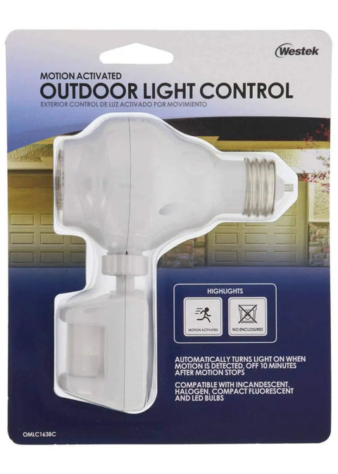 Outdoor Motion Activated Light Control Socket Two Pack, Auto On When Motion Is Detected, Auto Off After 10 Minutes, Works With LED CFL Halogen Incandescent Up To 150W, Weatherproof Plug In Sensor Lights on packaged unit