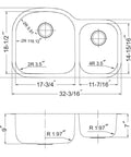 Technical drawing of 32 Inch Stainless Steel Kitchen Sink With 70/30 Double Bowl, Undermount, dimensions and layout shown.