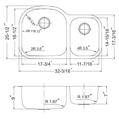 Technical drawing of 32 Inch Stainless Steel Kitchen Sink With 70/30 Double Bowl, Undermount, dimensions and layout shown.