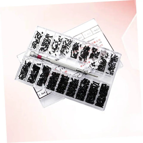 Top Shelf Miniature Small Screw Assortment Kit With Transparent Organizer Box And Tiny Machine Bolts Perfect For Nitty Gritty Repairs And Weekend Projects Gonna Need This One in a clear case with assorted black bolts.