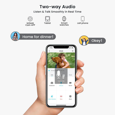 Smartphone showing two-way audio feature of Solar Powered Wireless Outdoor Security Camera System With 360 Degree PTZ, Spotlight And Siren, 5MP Color Night Vision, 2.4Ghz Wireless, Alexa Compatible, AI Motion Detection, Custom Alarm Zones, Easy DIY Home Surveillance No Brainer Setup.